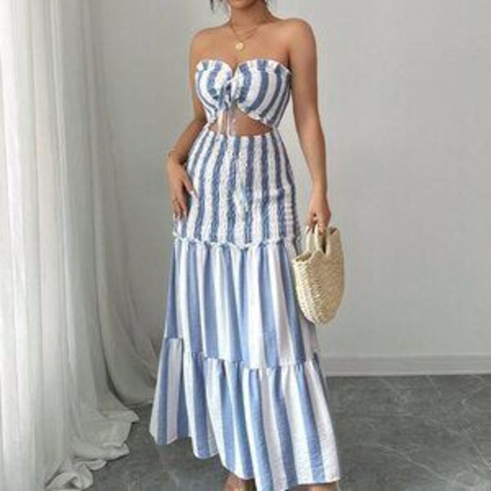 Blue And White Boho Women's Wrap Bust Striped Tie Waist Strapless Maxi Dress - Picture 5 of 5
